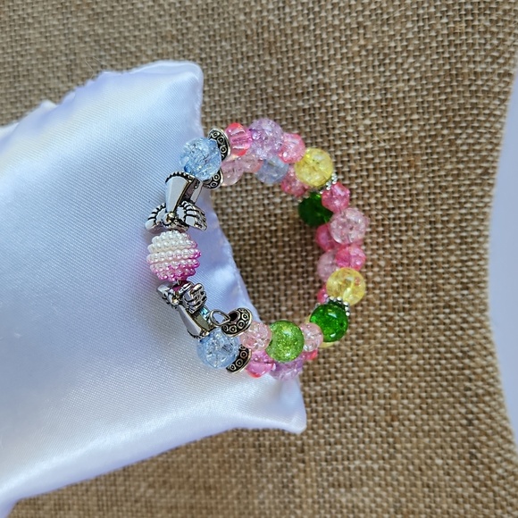 "SOLD" Hand Crafted Angel Wrap Bracelet S Crackled Beads Pink Green Yellow - Picture 8 of 9